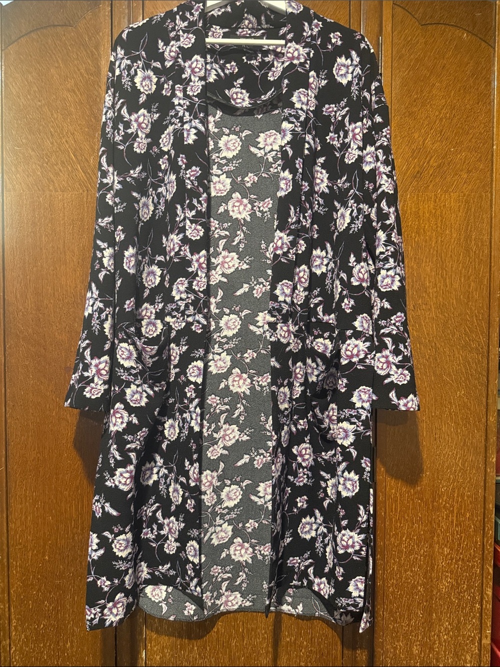 Forever 21 Black Floral Open-Front Coatigan with Purple and White Flowers